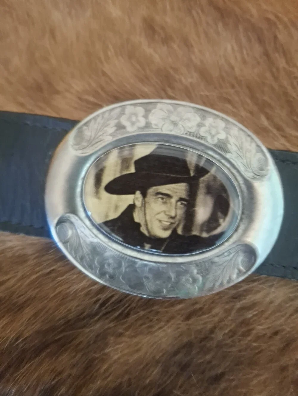 *RARE* Vintage Black Leather Belt with Western Actor Portrait Conchos